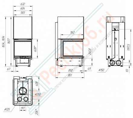 Топка Дельта 700 B три стекла подовое горение принтинг черный шамот (Экокамин)
