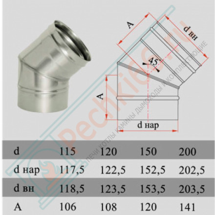 Отвод 45° без изол (НЕРЖ-321/0,8) d-130 (Дымок-Lux)