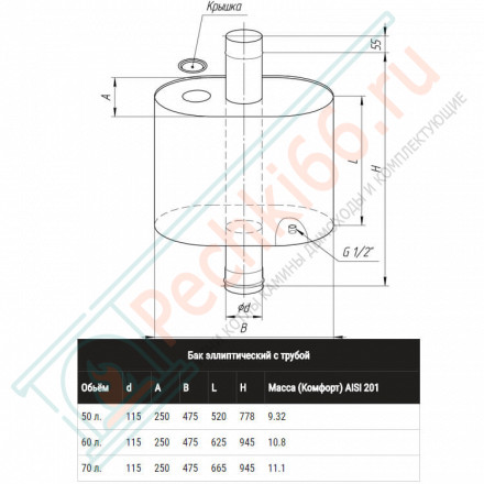 Бак Таймыр 50л эллиптический на трубе d-115 (Ferrum Blackside)