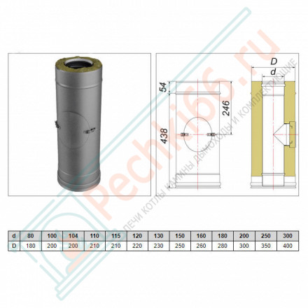 Труба V50R с лючком ревизии с изол L=500 (AISI-321/0,8-AISI-304/0,5) d-200/300 (Вулкан-Cerablanket)