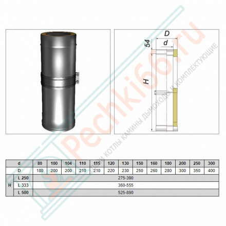 Труба V50R телескопическая с изол L=260-380 (AISI-321/0,8-AISI-304/0,5) d-104/200 (Вулкан-Cerablanket)